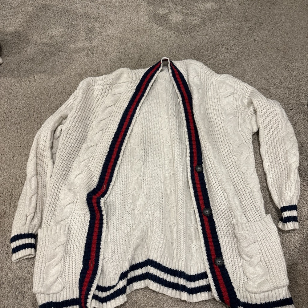 American Eagle Outfitters White Cardigan with Red and Blue Trim